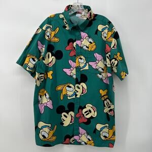 Disney Mickey Mouse & Friends Green Woven Button-Up Short Sleeve Shirt Large